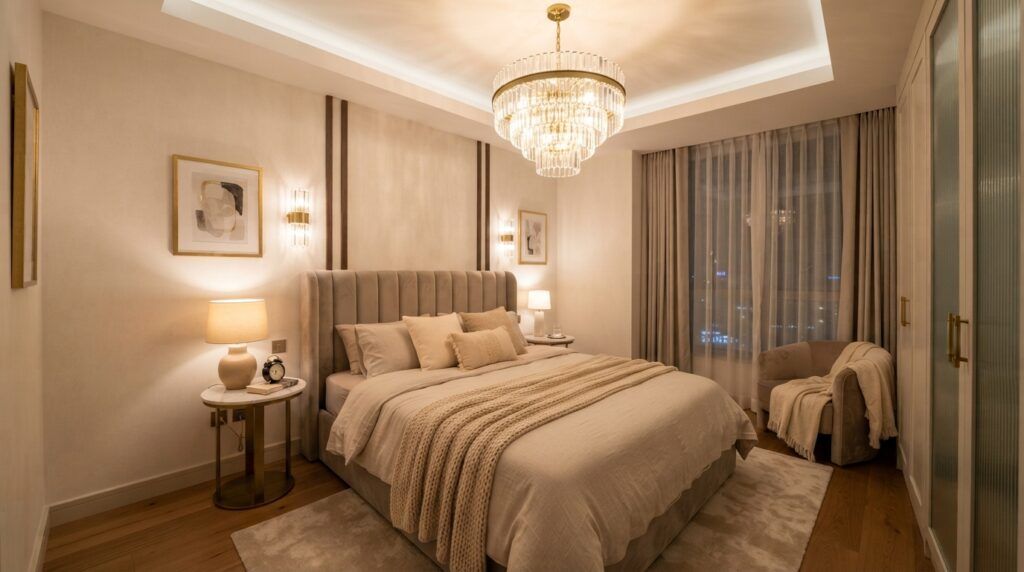 Bedroom with Statement Chandelier
