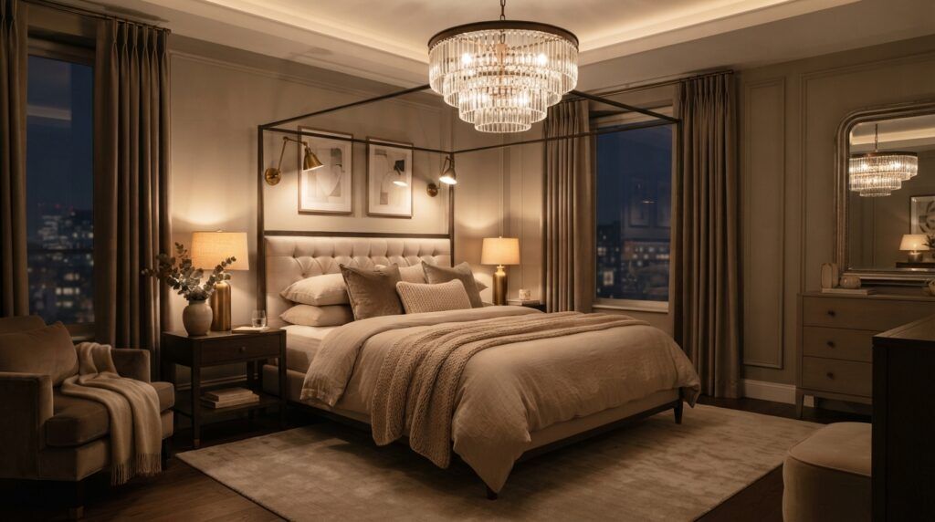 Bedroom with Statement Chandelier