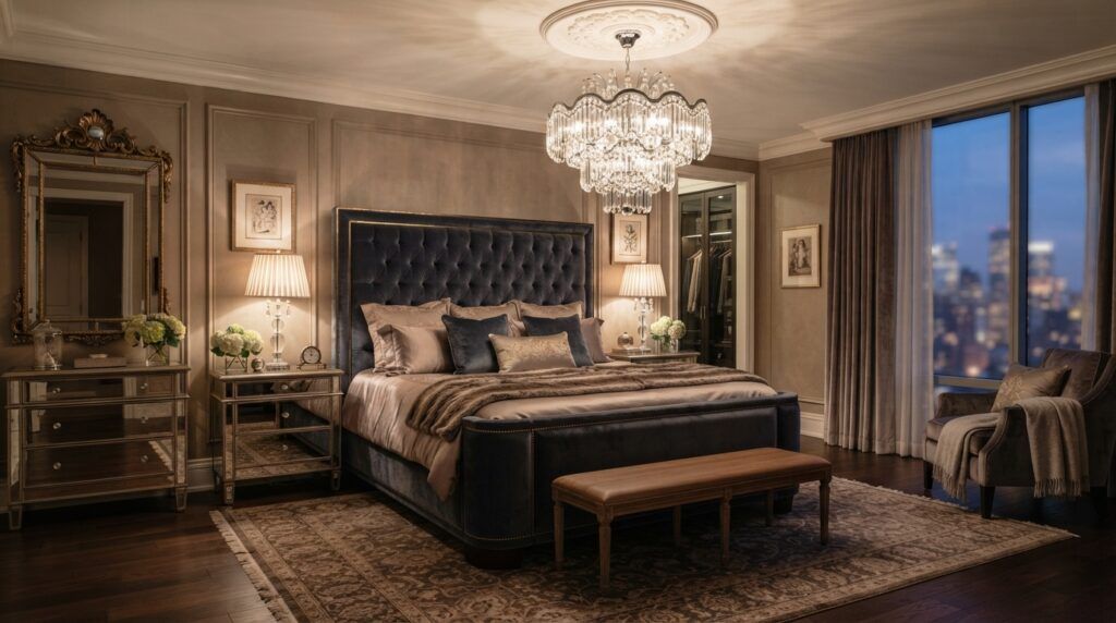 Bedroom with Statement Chandelier